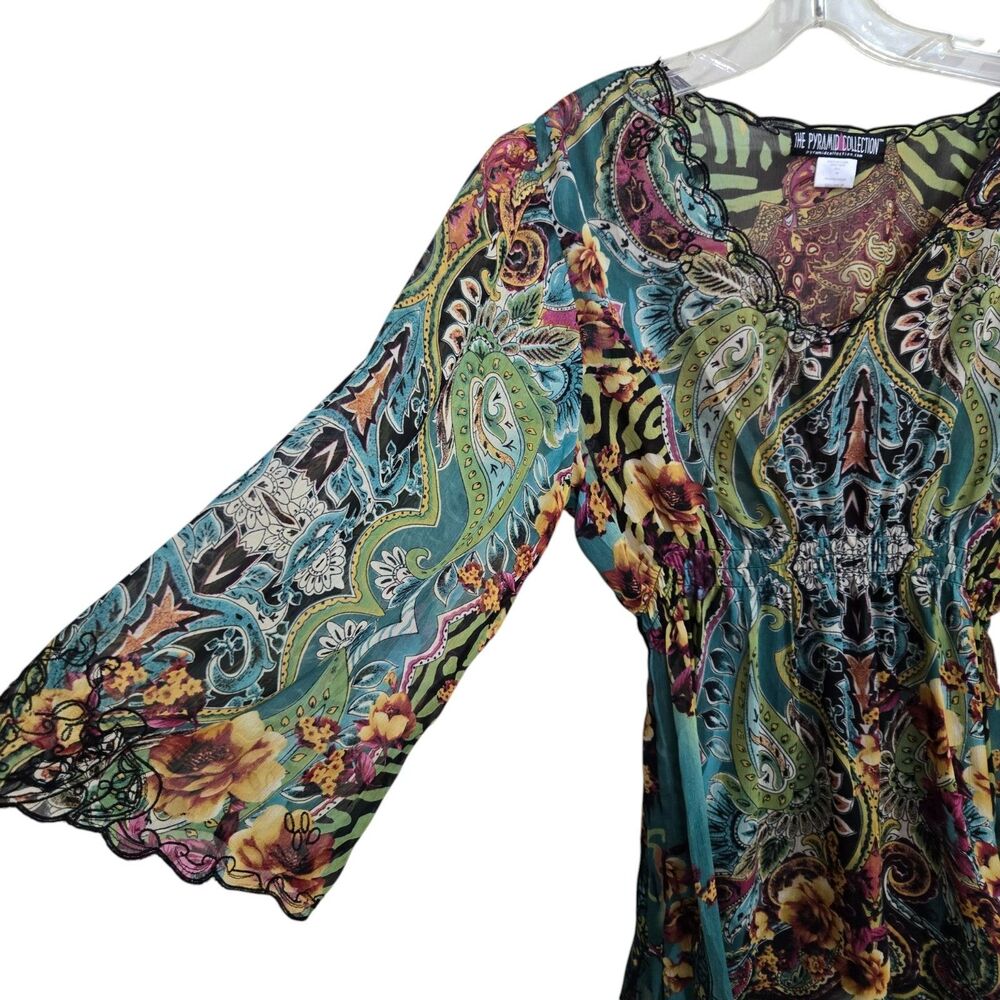 The Pyramid Collection Sheer Bell Sleeve Tunic Top Size M Fairy Grunge Witchy - Picture 2 of 11